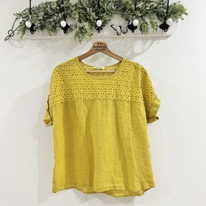 Woolovers Yellow Eyelet Short Sleeve Blouse Size 10